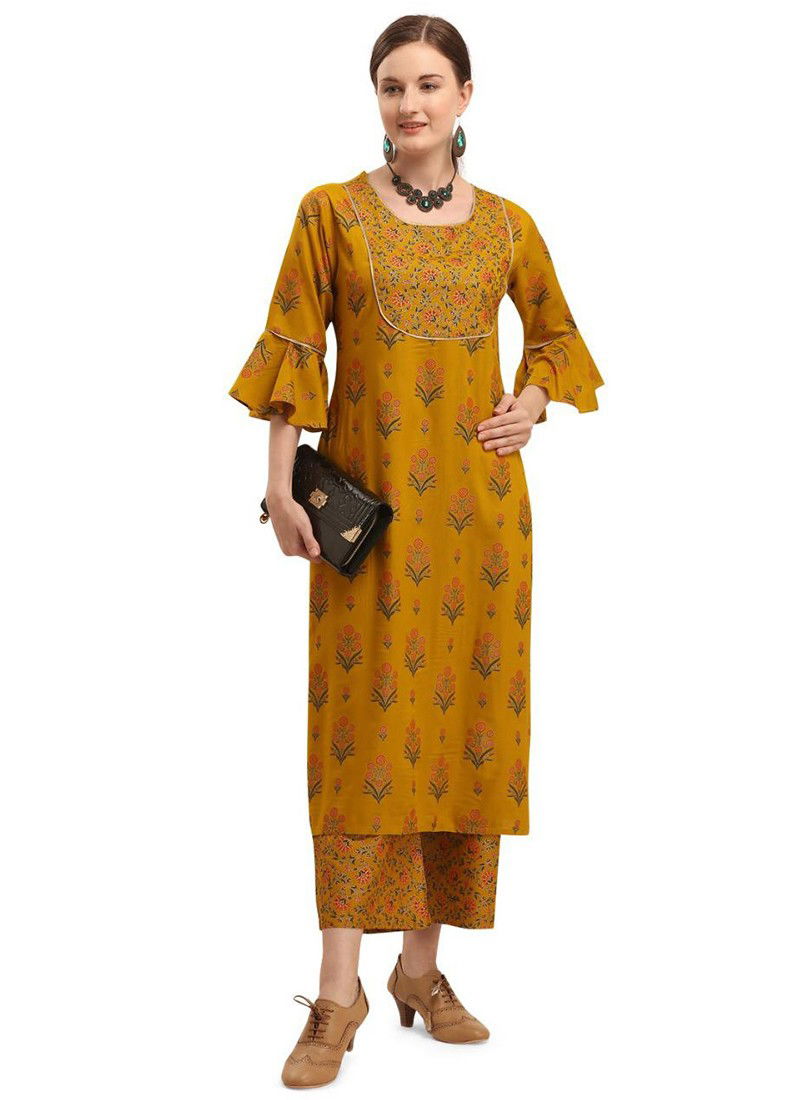 Yellow Colour Fancy Designer Ethnic Regular Wear Rayon Printed Kurti And Palzzo Stylish Latest Collection 134